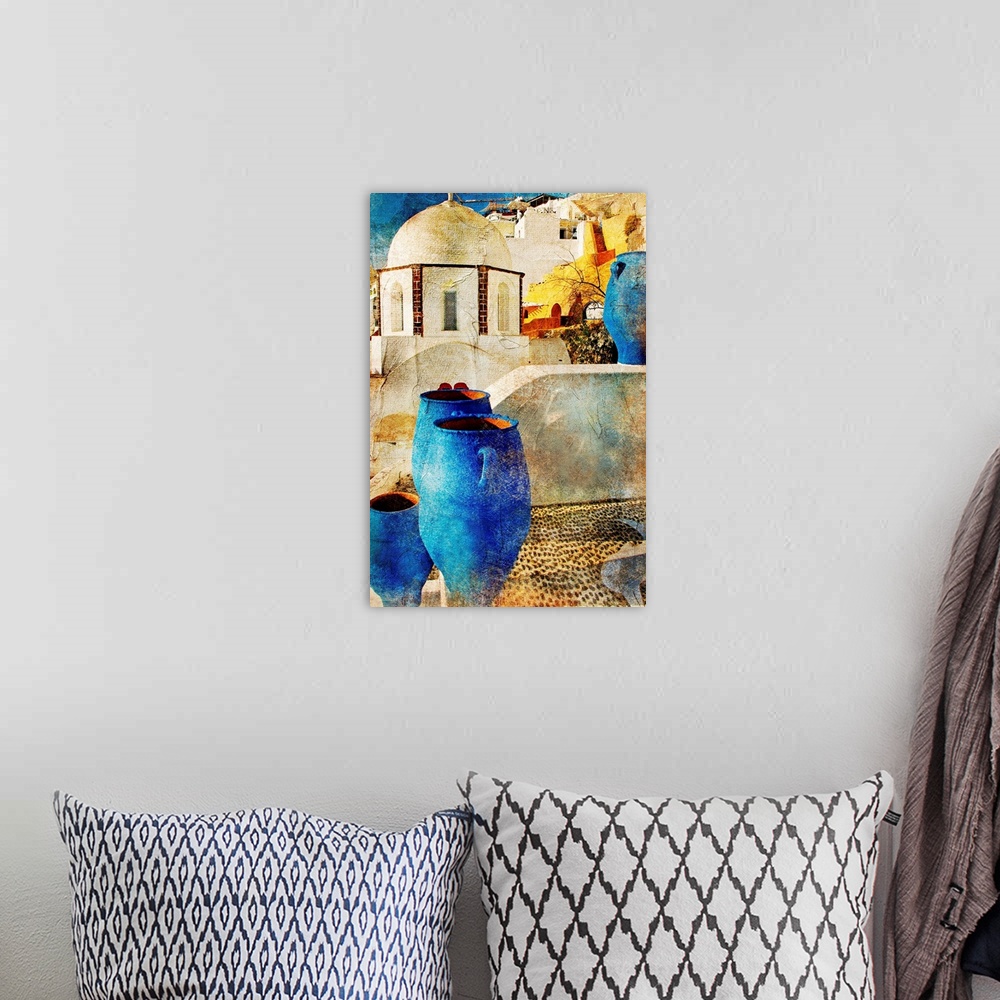A bohemian room featuring amazing Santorini - artwork in painting style