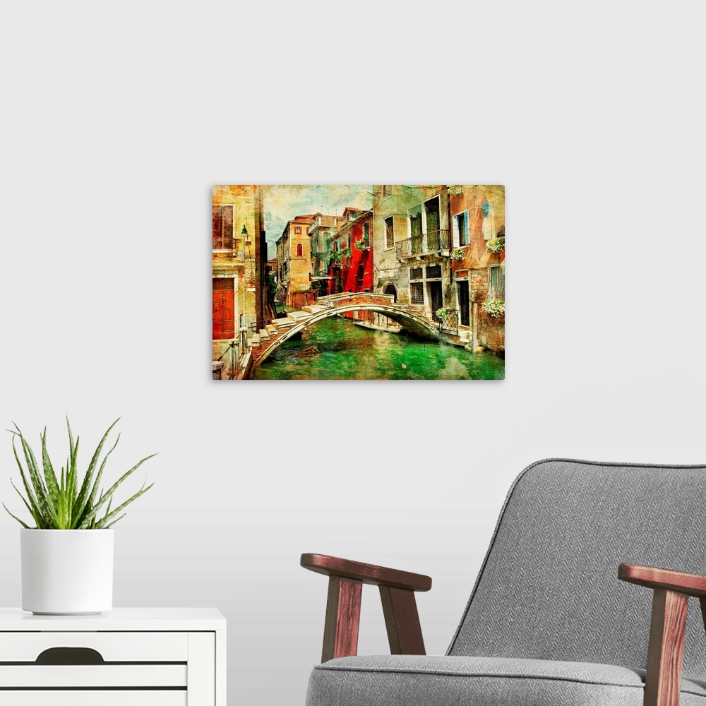 A modern room featuring amazing Venice - artwork in painting style