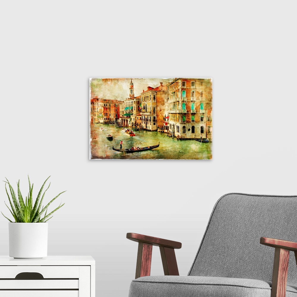 A modern room featuring amazing Venice - artwork in painting style