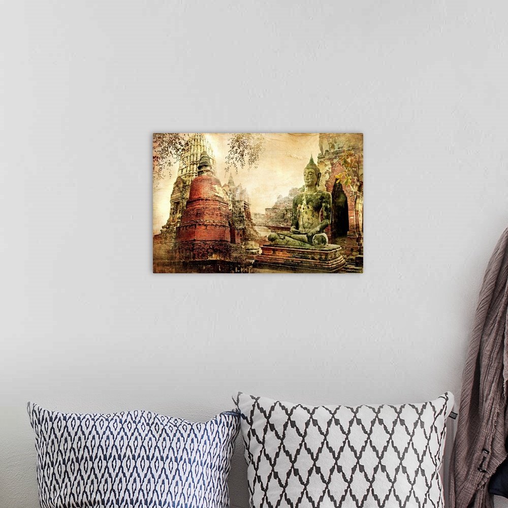 A bohemian room featuring ancient cities of Thailand - artwork in painting style