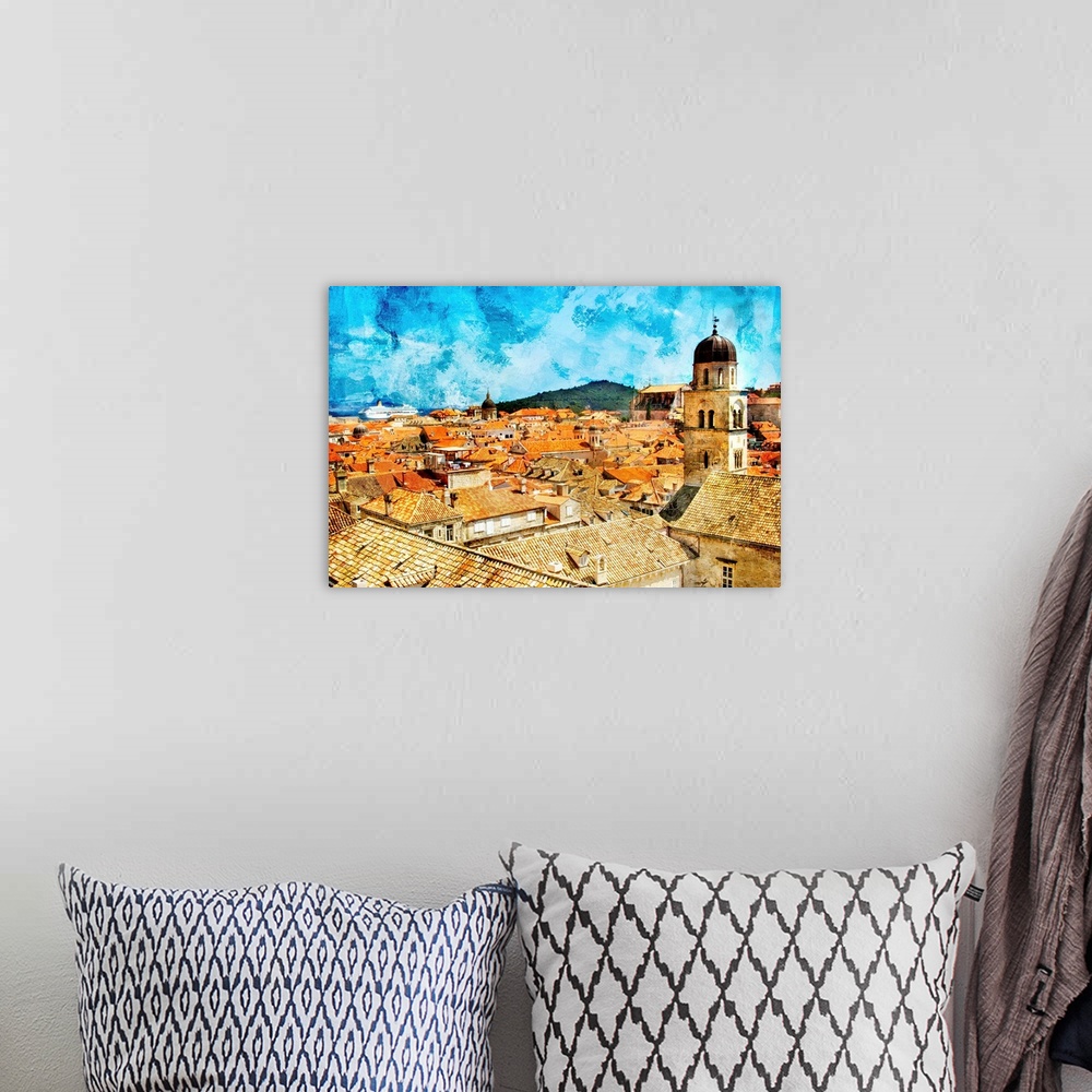 A bohemian room featuring ancient Dubrovnik  -artwork in  painting style