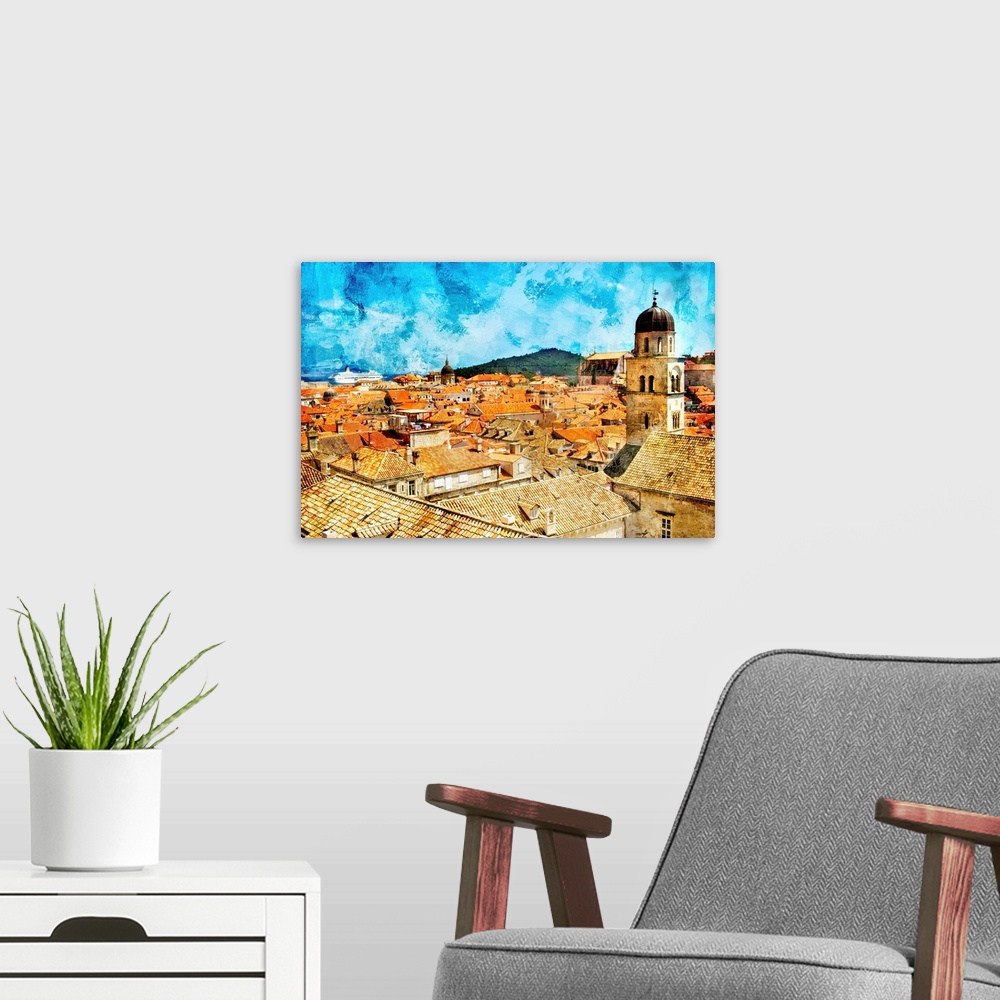A modern room featuring ancient Dubrovnik  -artwork in  painting style