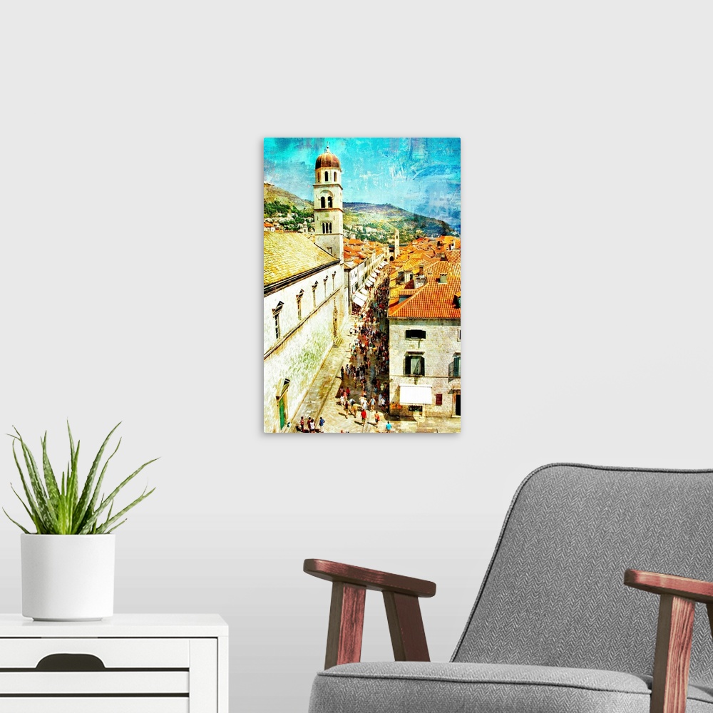 A modern room featuring ancient Dubrovnik - artistic picture in painting style