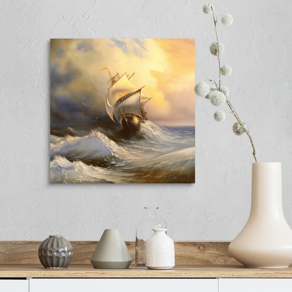 A farmhouse room featuring Ancient sailing vessel in stormy sea