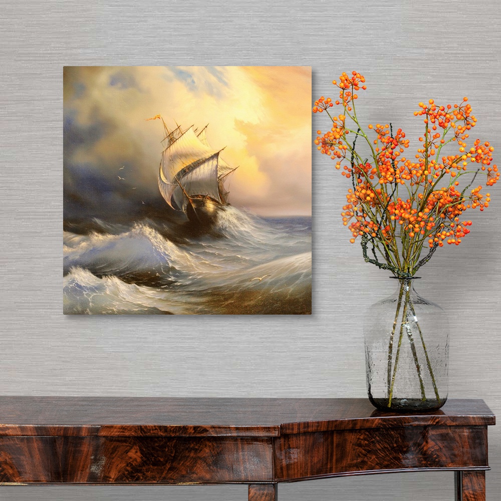A traditional room featuring Ancient sailing vessel in stormy sea