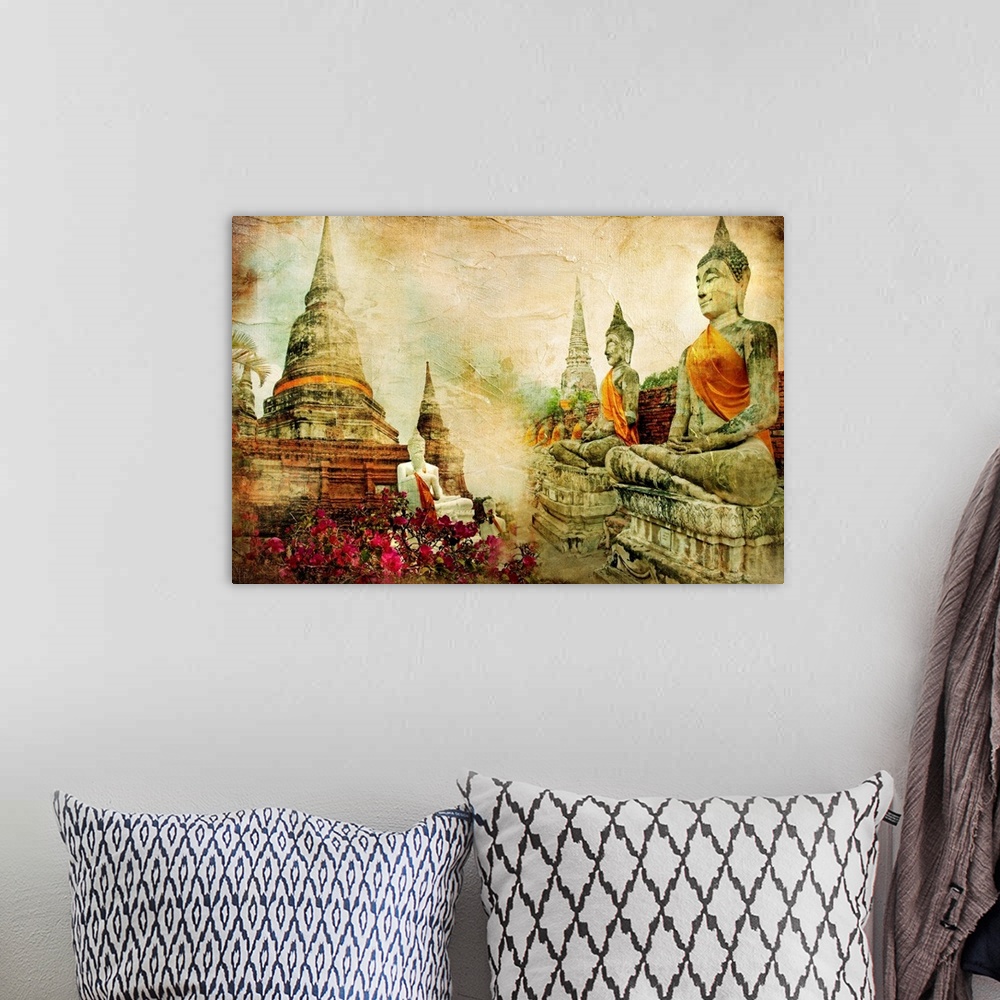 A bohemian room featuring ancient Thailand - artwork in painting style