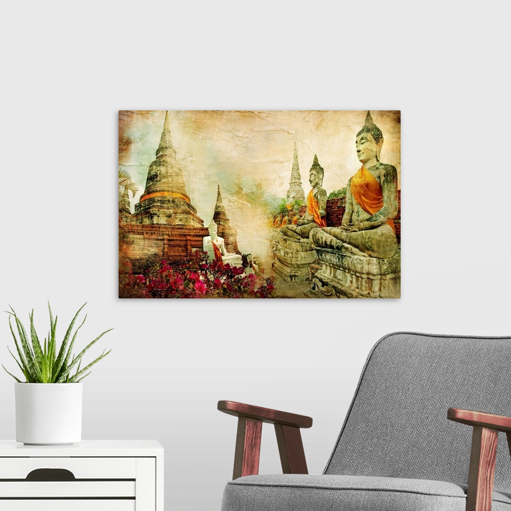 A modern room featuring ancient Thailand - artwork in painting style