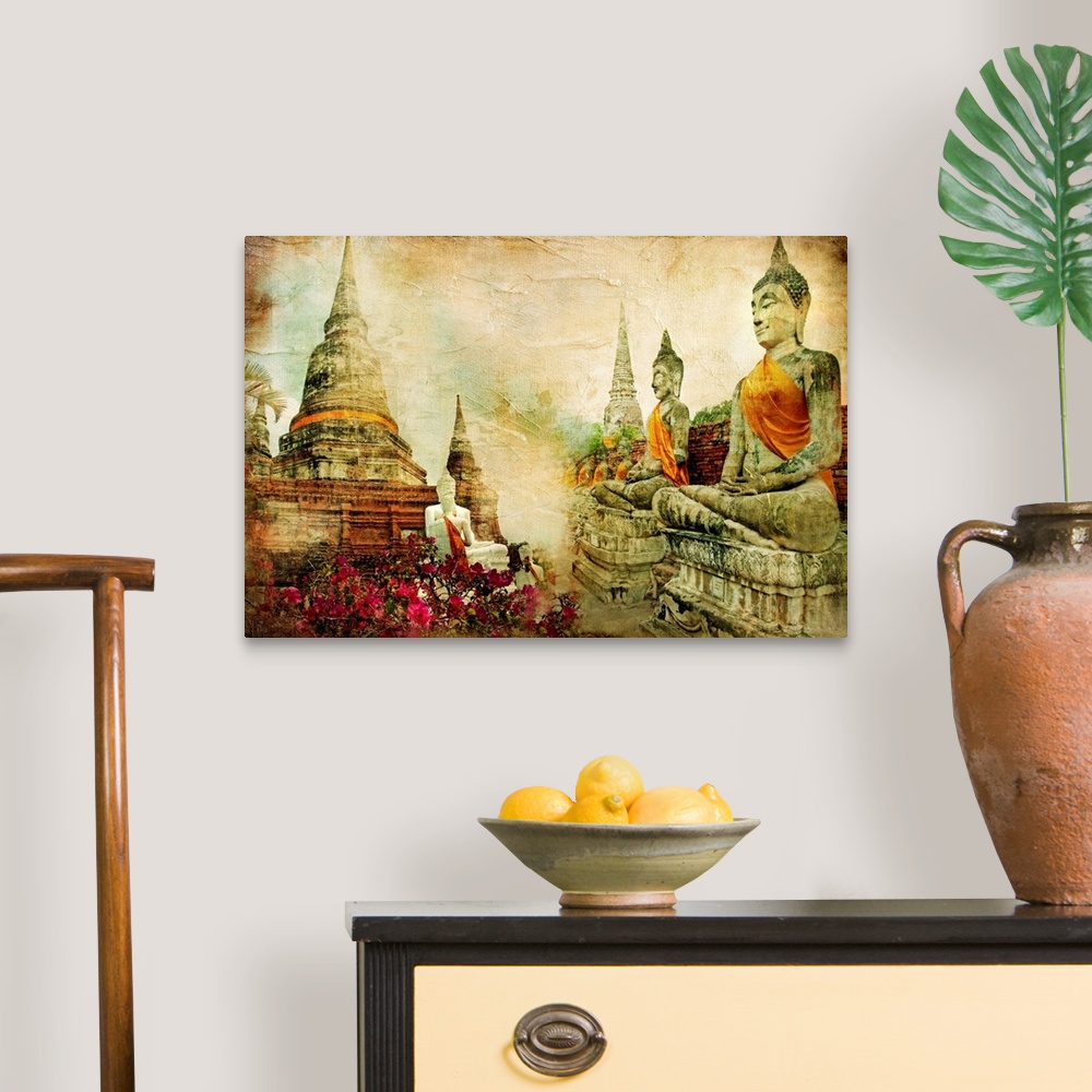 A traditional room featuring ancient Thailand - artwork in painting style