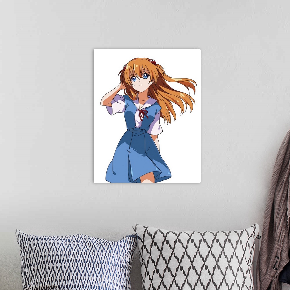 A bohemian room featuring Anime red-haired girl with blue eyes in a blue school uniform.