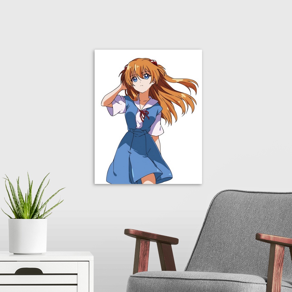 A modern room featuring Anime red-haired girl with blue eyes in a blue school uniform.