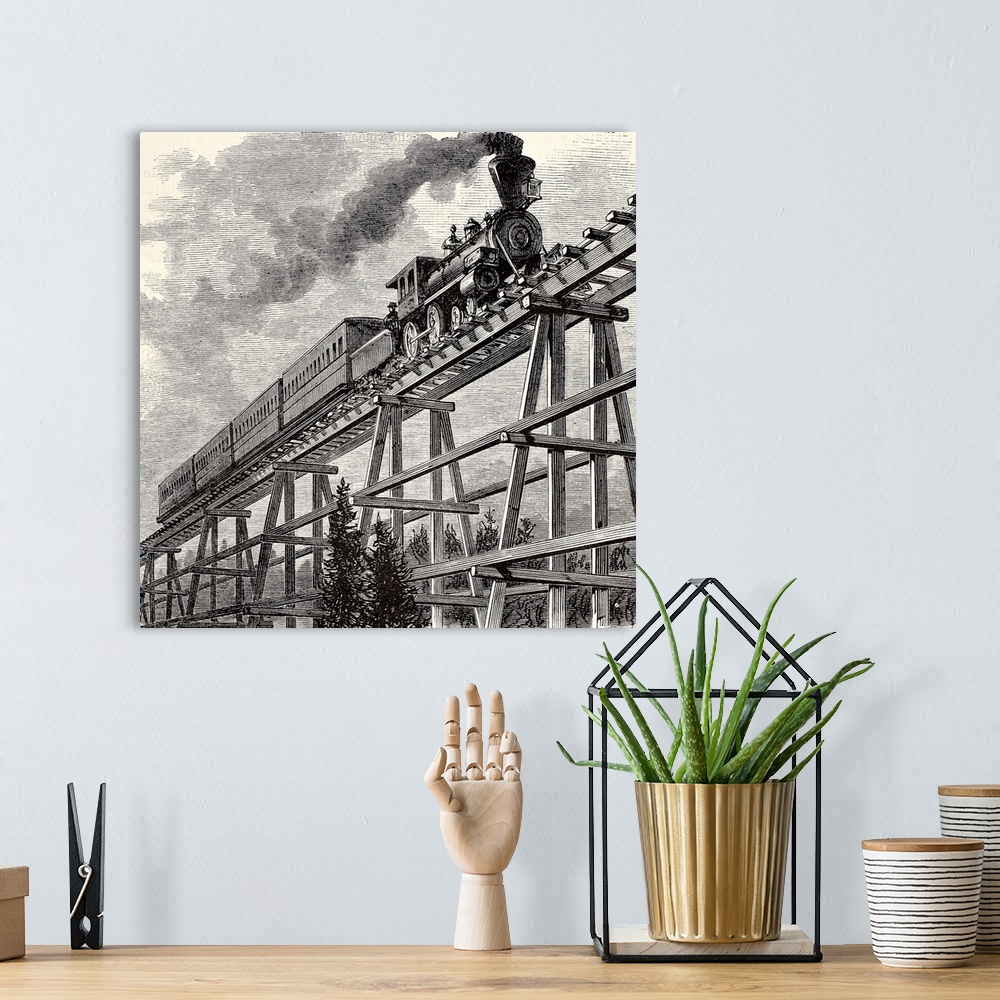 A bohemian room featuring Old illustration of train crossing wooden trestle bridge along Union Pacific railroad. Original, cre