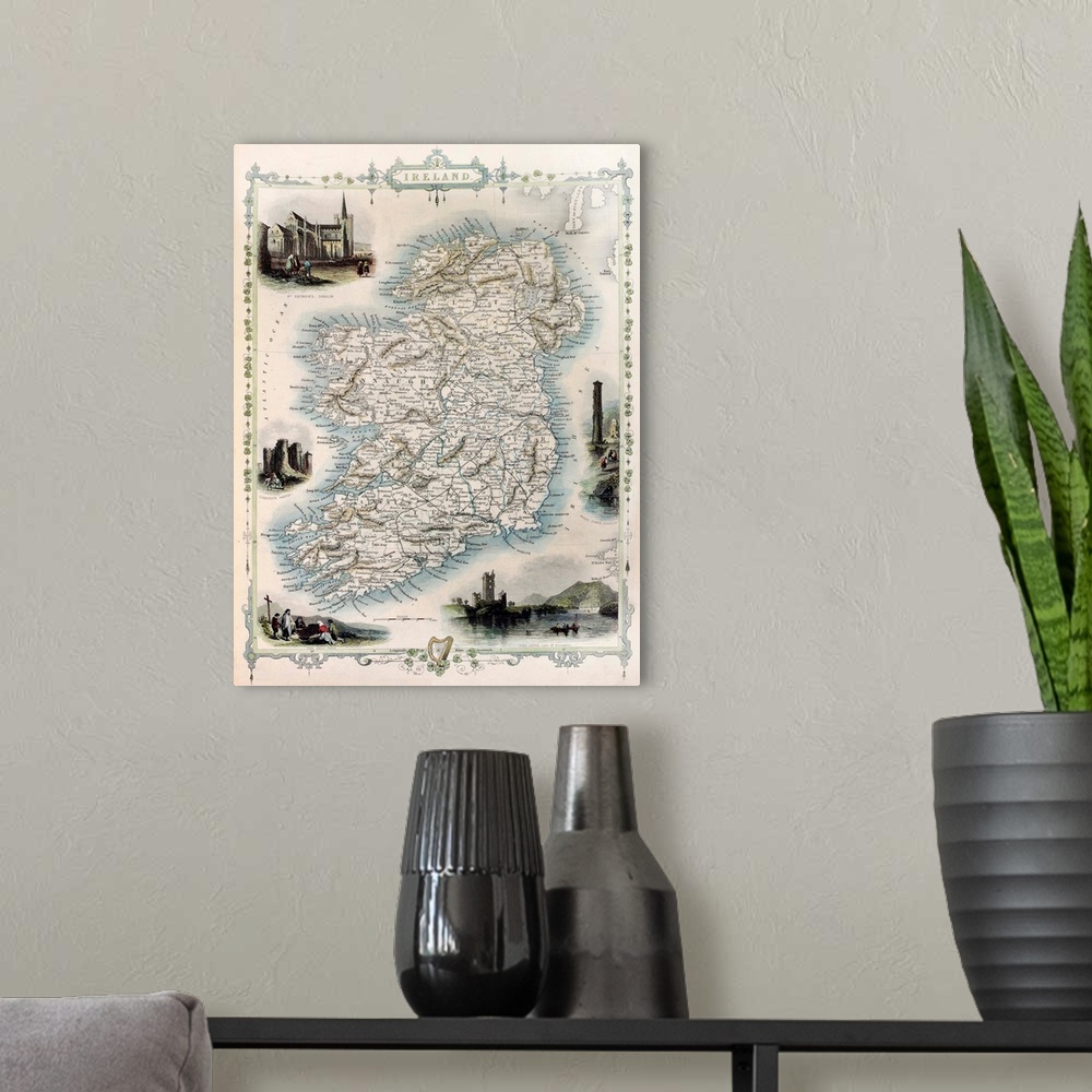 A modern room featuring Ireland old map. Created by John Tallis, published on Illustrated Atlas, London 1851