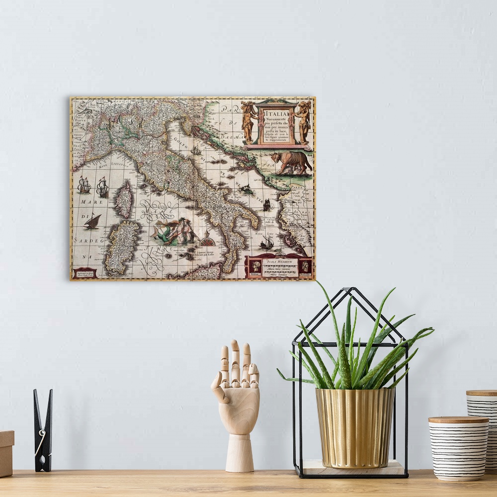 A bohemian room featuring Italy old map. Created by Henricus Hondius, published in Amsterdam, 1631