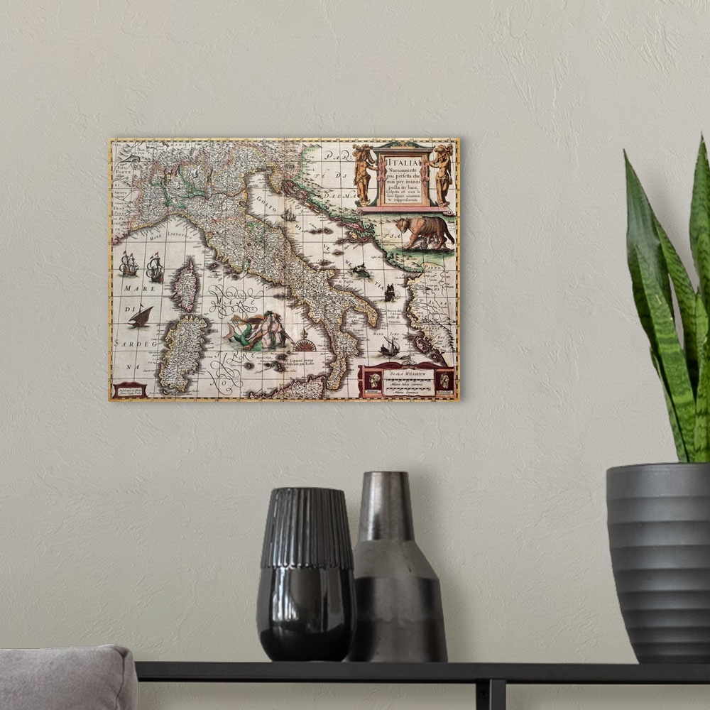 A modern room featuring Italy old map. Created by Henricus Hondius, published in Amsterdam, 1631