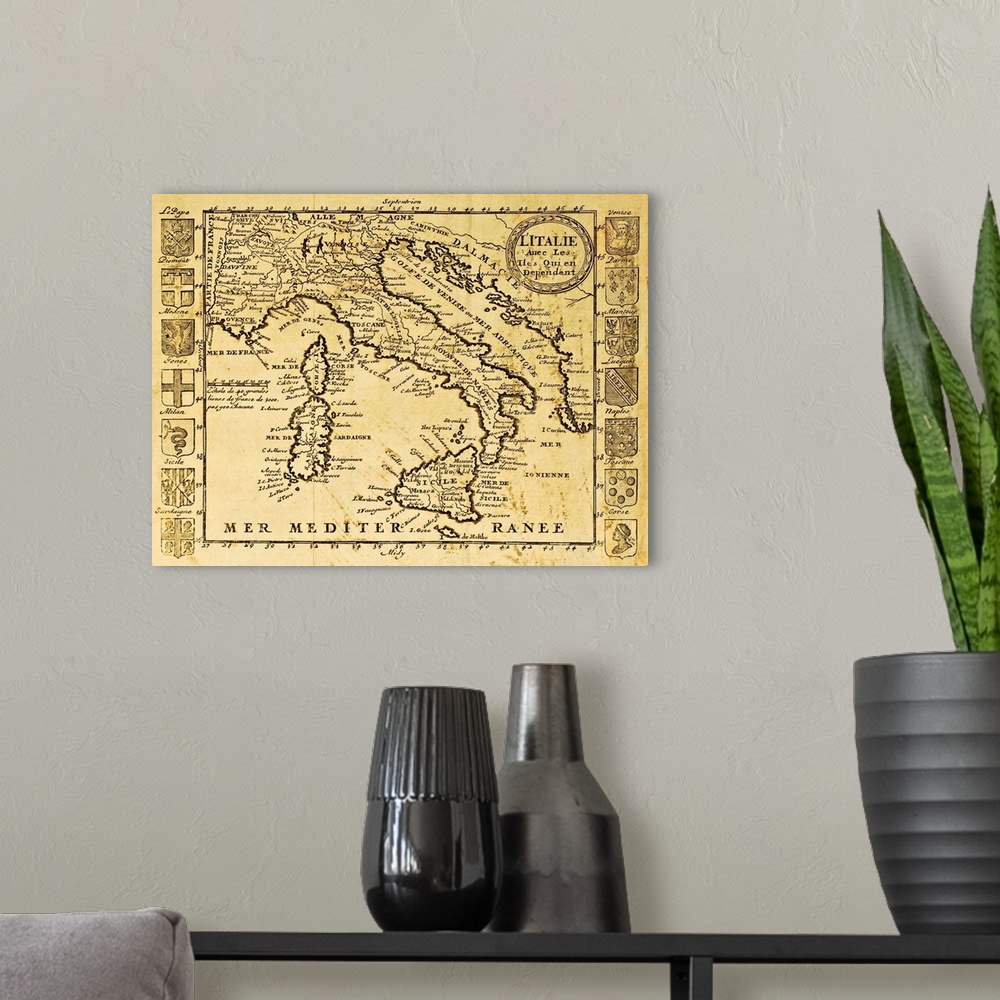 A modern room featuring Map of Italy framed by territorial crests. May be dated to the beginning of XVIII sec.