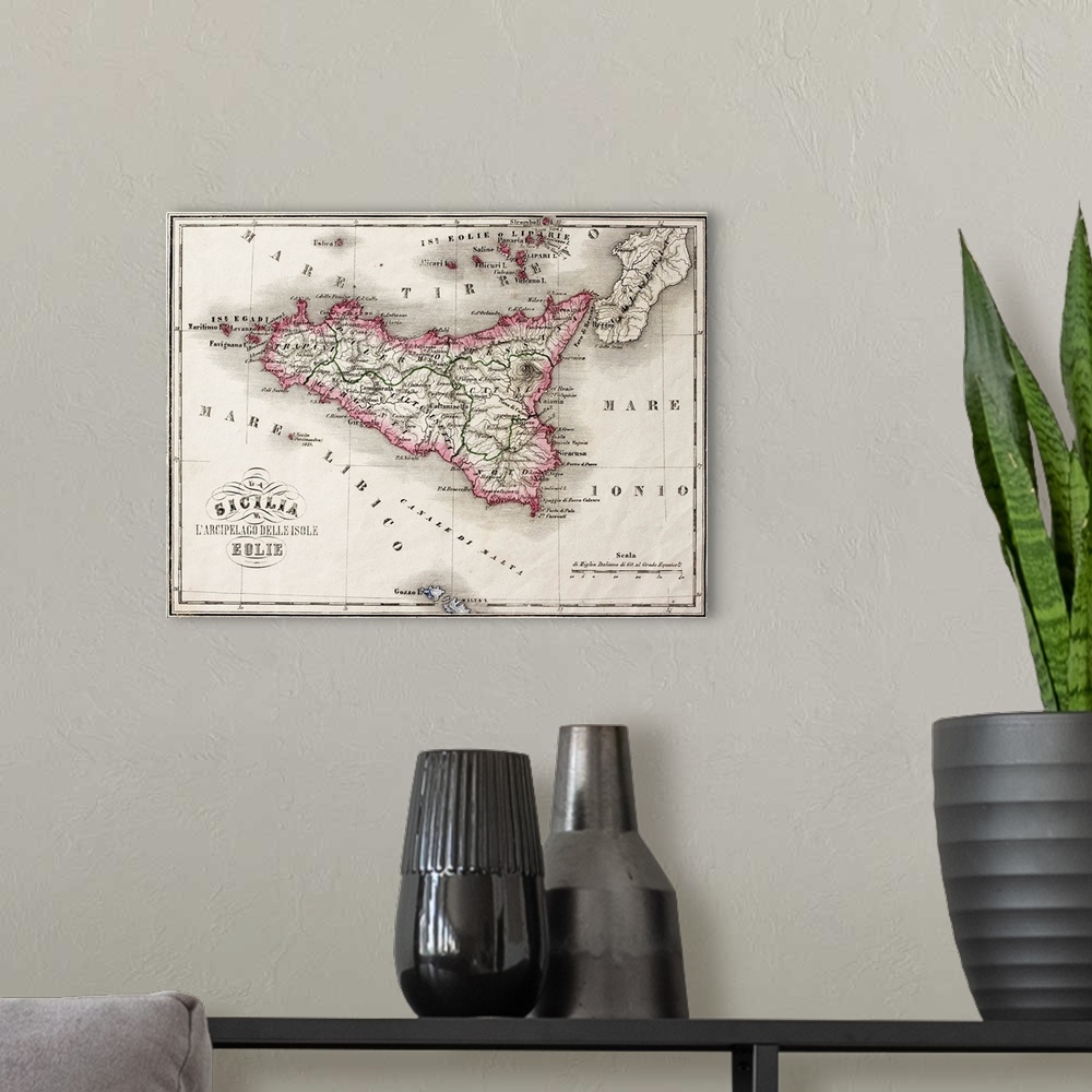 A modern room featuring An old map of Sicily and little islands around it. The original map was published in Italy in 1860,