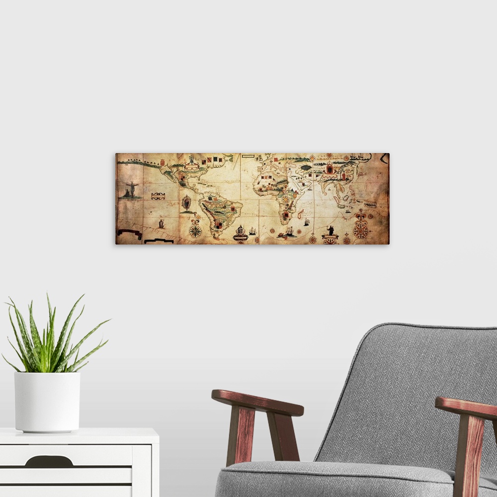A modern room featuring Antique world planisphere portolan map of Spanish and Portuguese maritime and colonial empire. Creat