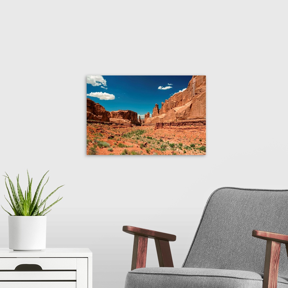 A modern room featuring Sandstone monuments, Arches National Park, Utah.