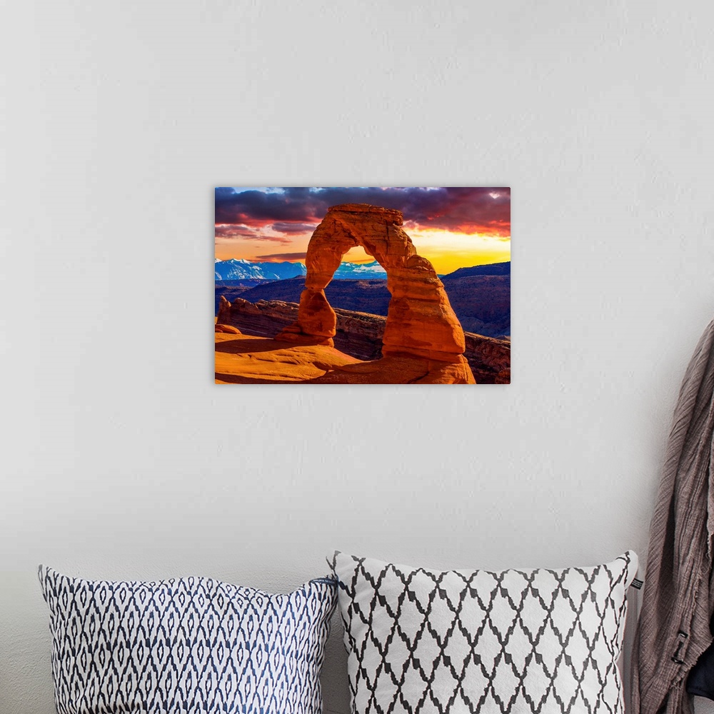 A bohemian room featuring Beautiful Sunset Image taken at Arches National Park in Utah.