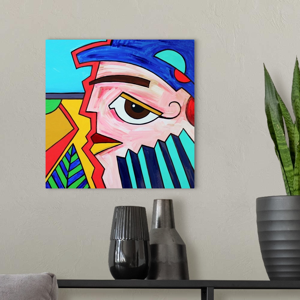 A modern room featuring Unusual original abstract art composition of man face profile.