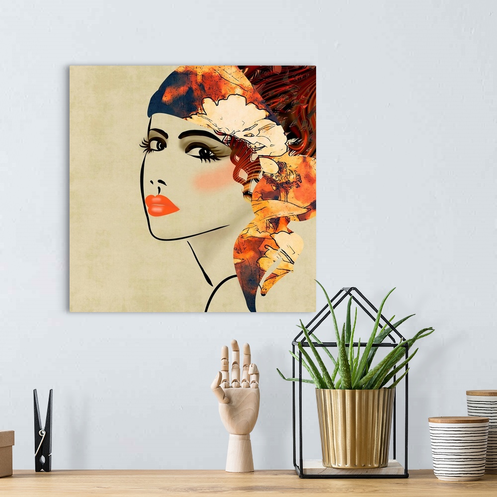 A bohemian room featuring art colorful sketching beautiful girl face on sepia  background, in art deco style