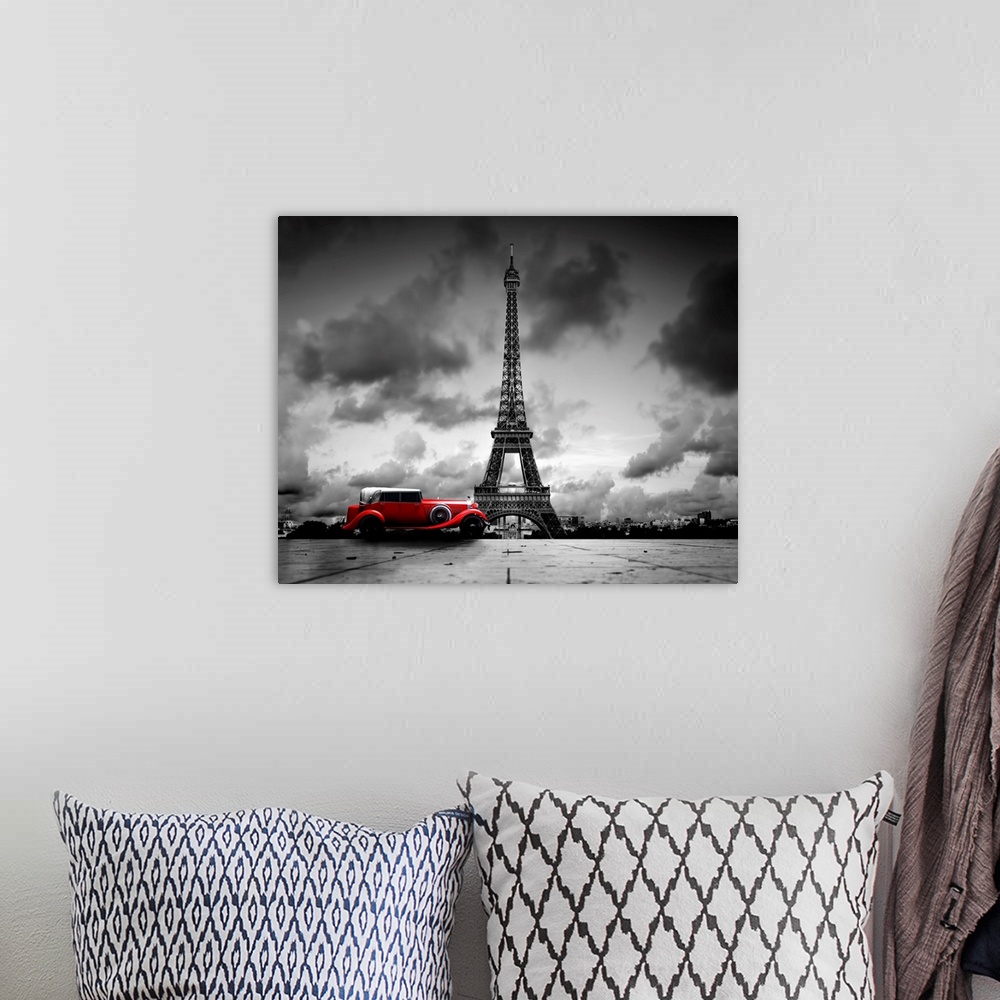 A bohemian room featuring Artistic image of Effel Tower, Paris, France and red retro car. Black and white, vintage.