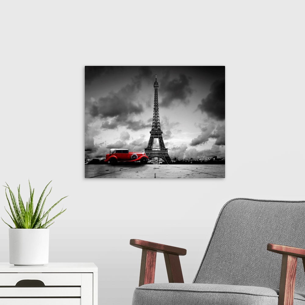 A modern room featuring Artistic image of Effel Tower, Paris, France and red retro car. Black and white, vintage.