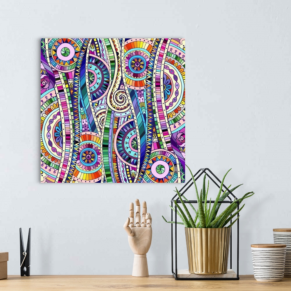 A bohemian room featuring Colorful abstract mosaic artwork.