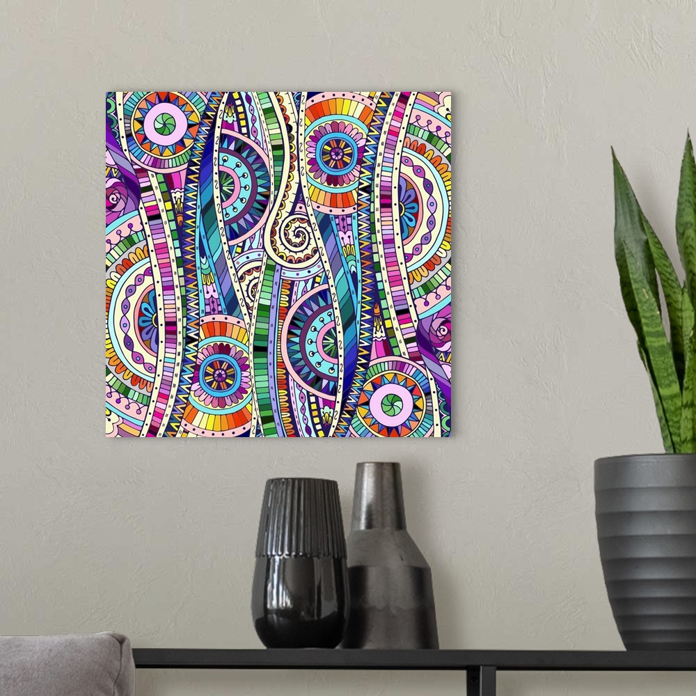 A modern room featuring Colorful abstract mosaic artwork.