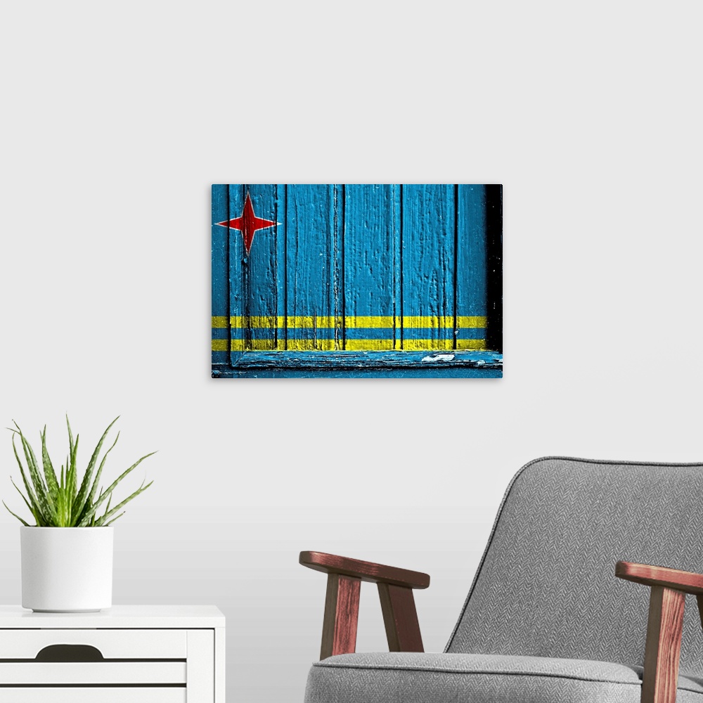 A modern room featuring Flag of Aruba painted on wooden rustic wooden surface.