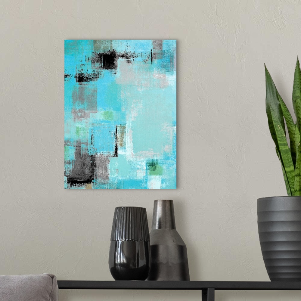 A modern room featuring Modern grey and blue abstract painting with simple lines and texture.