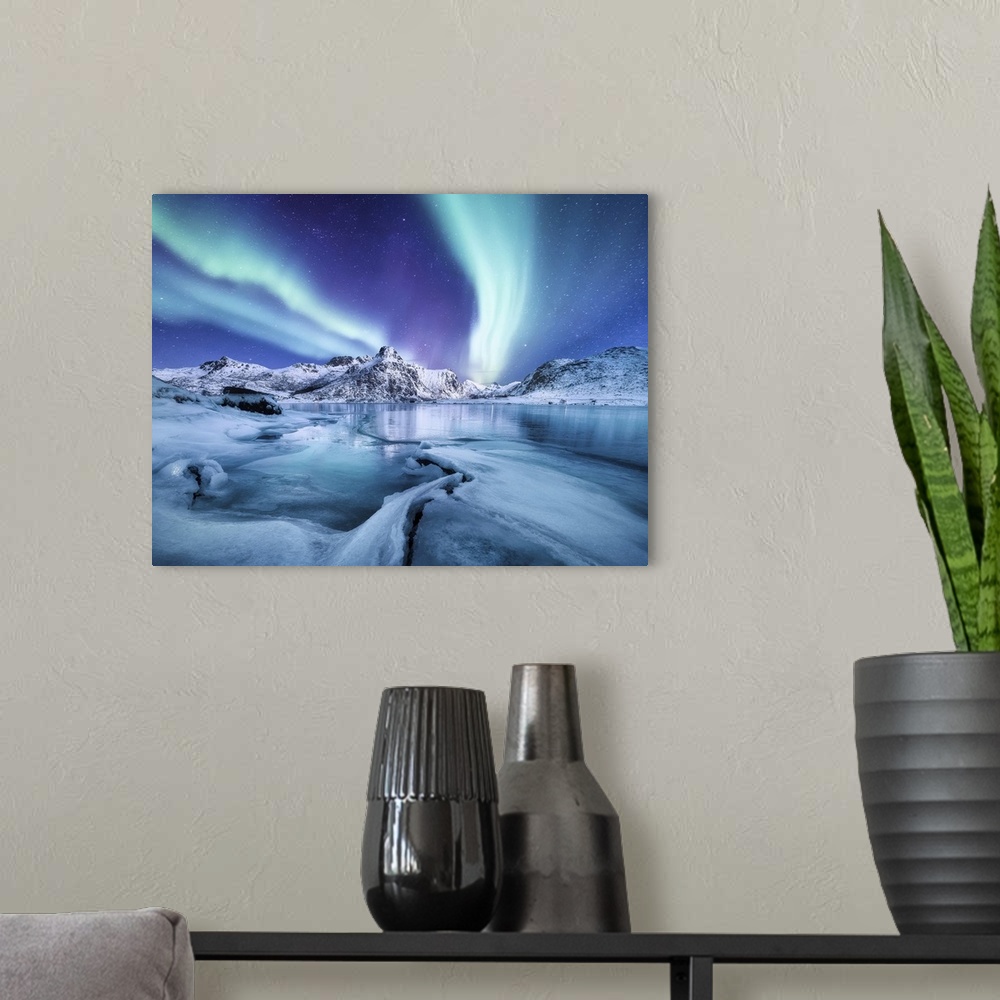 A modern room featuring Aurora Borealis, Lofoten Islands, Norway