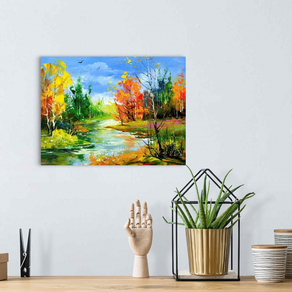 A bohemian room featuring The autumn landscape executed by oil on a canvas