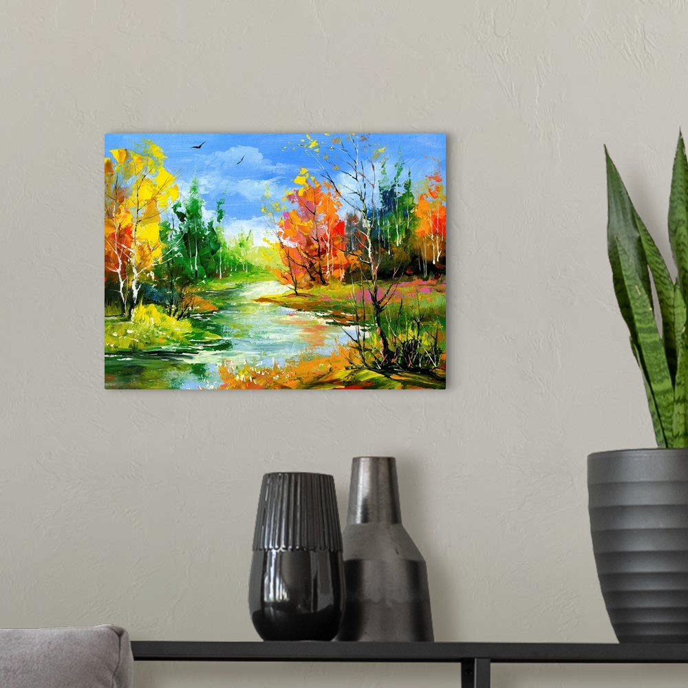 A modern room featuring The autumn landscape executed by oil on a canvas