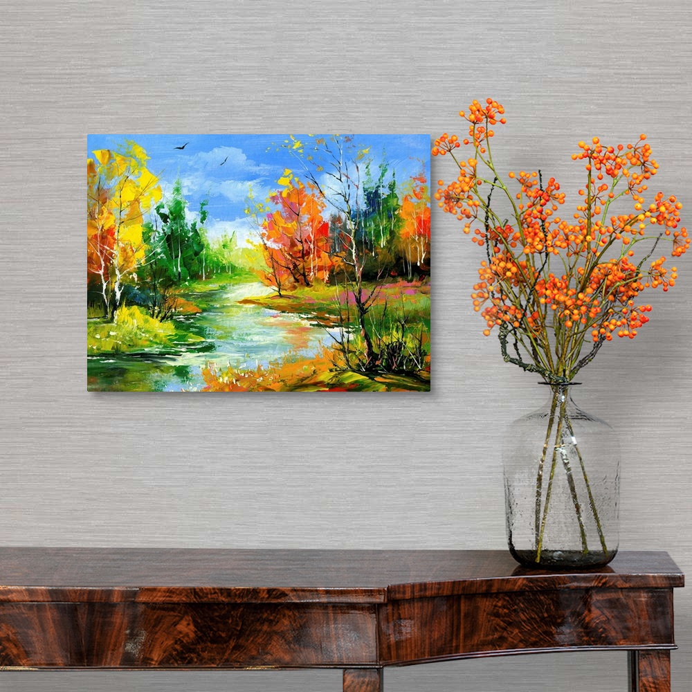 A traditional room featuring The autumn landscape executed by oil on a canvas