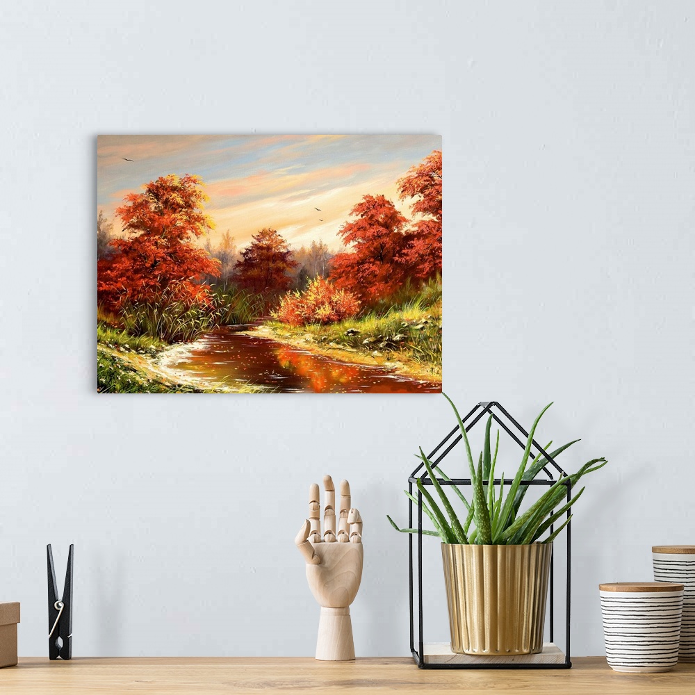 A bohemian room featuring Autumn landscape with the river