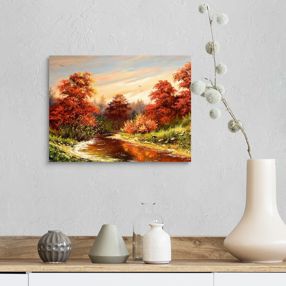 A farmhouse room featuring Autumn landscape with the river