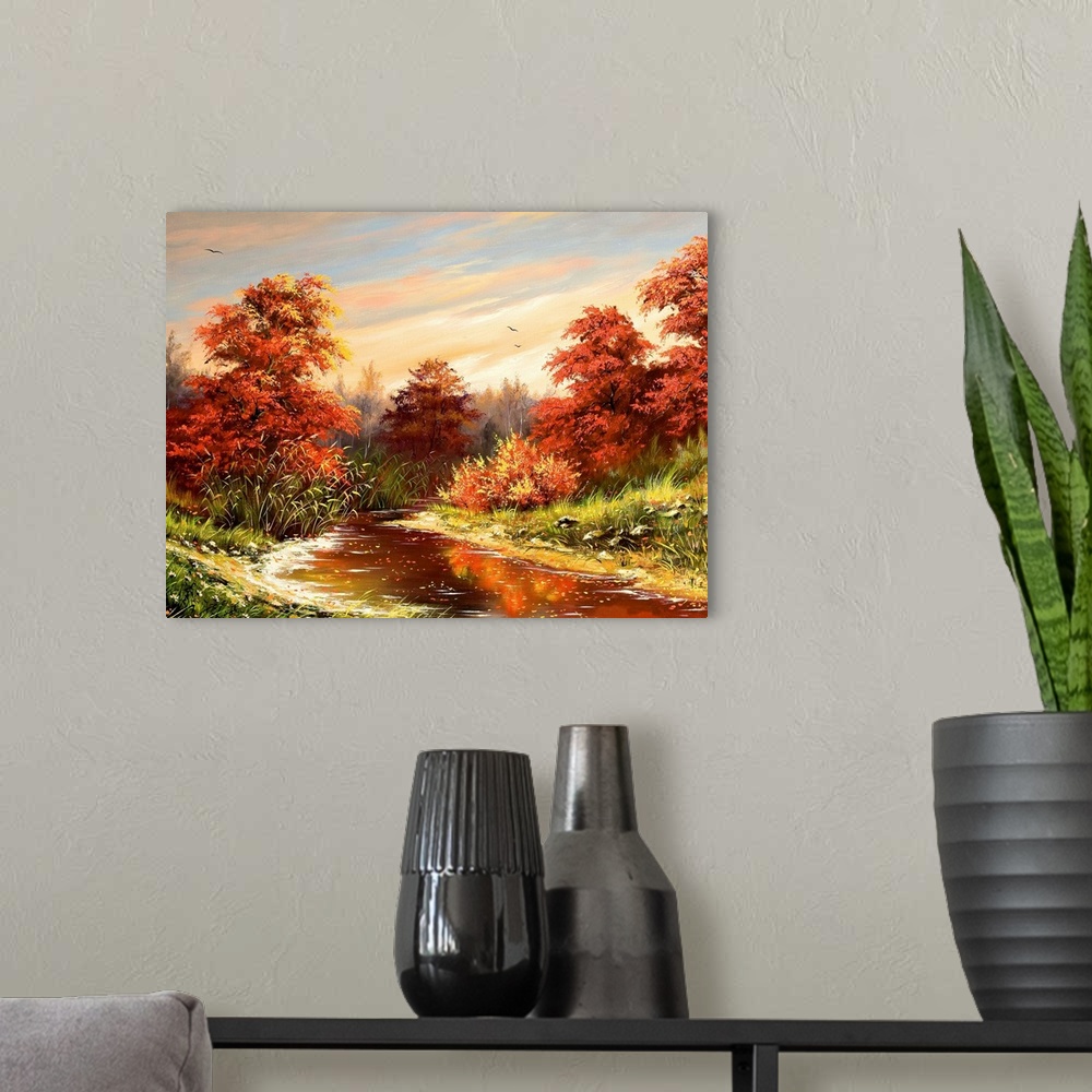 A modern room featuring Autumn landscape with the river