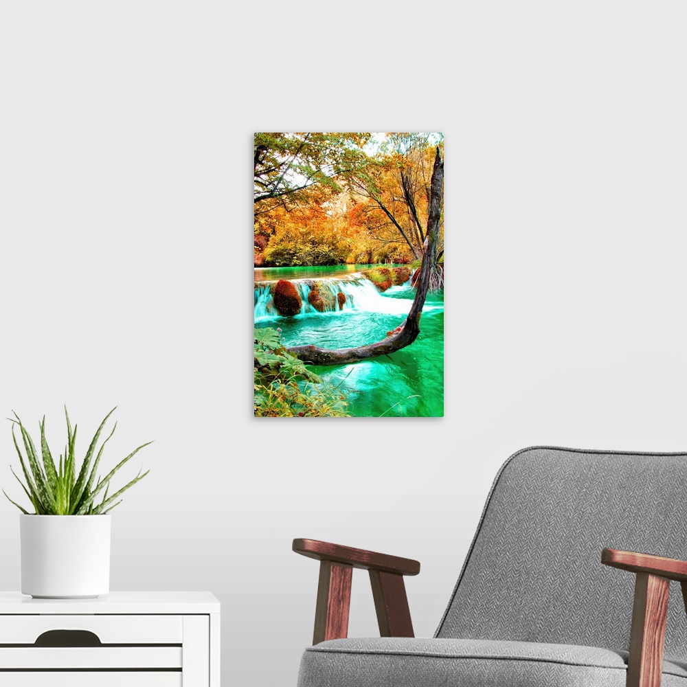 A modern room featuring pictorial autumn scene