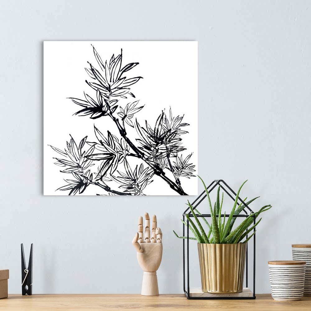 A bohemian room featuring Chinese traditional ink painting, bamboo on white background.