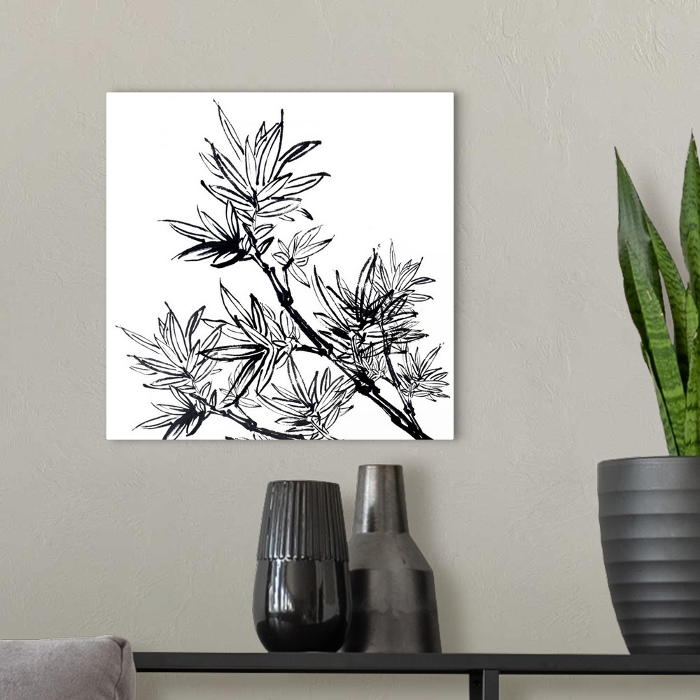 A modern room featuring Chinese traditional ink painting, bamboo on white background.