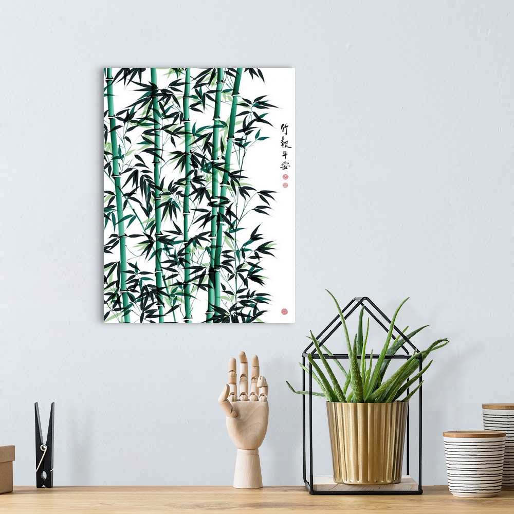 A bohemian room featuring Bamboo Ink Painting. Translation: Wellbeing