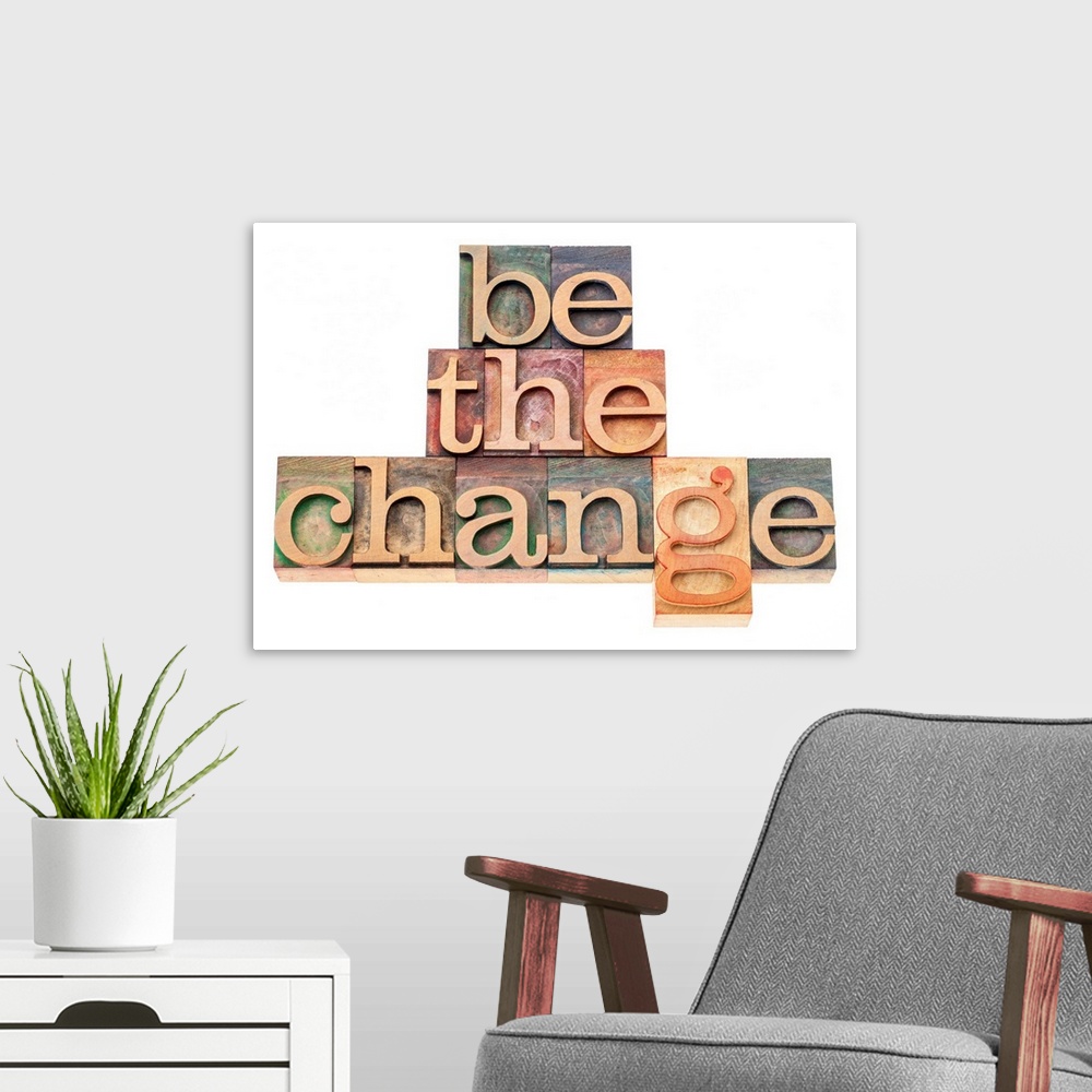 A modern room featuring be the change - inspiration concept - isolated text in vintage letterpress wood type printing blocks