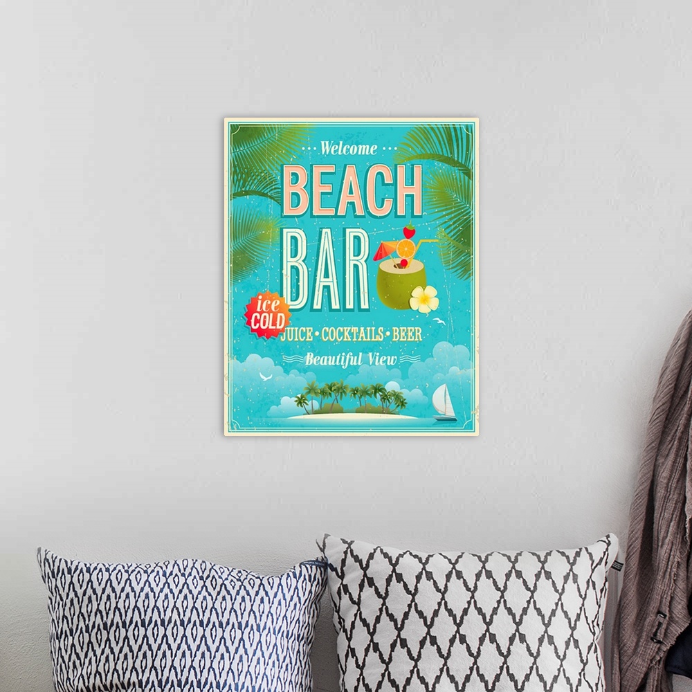 A bohemian room featuring Vintage Beach Bar poster. Vector background.