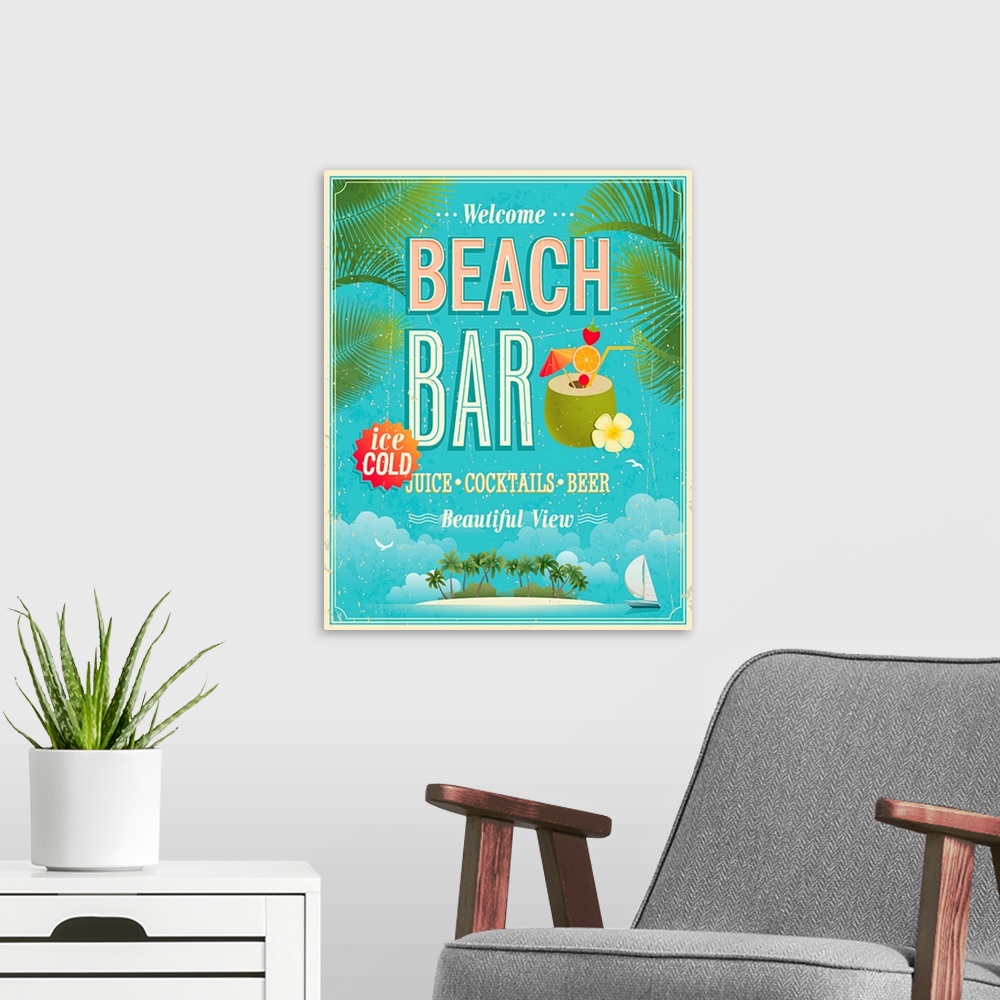 A modern room featuring Vintage Beach Bar poster. Vector background.