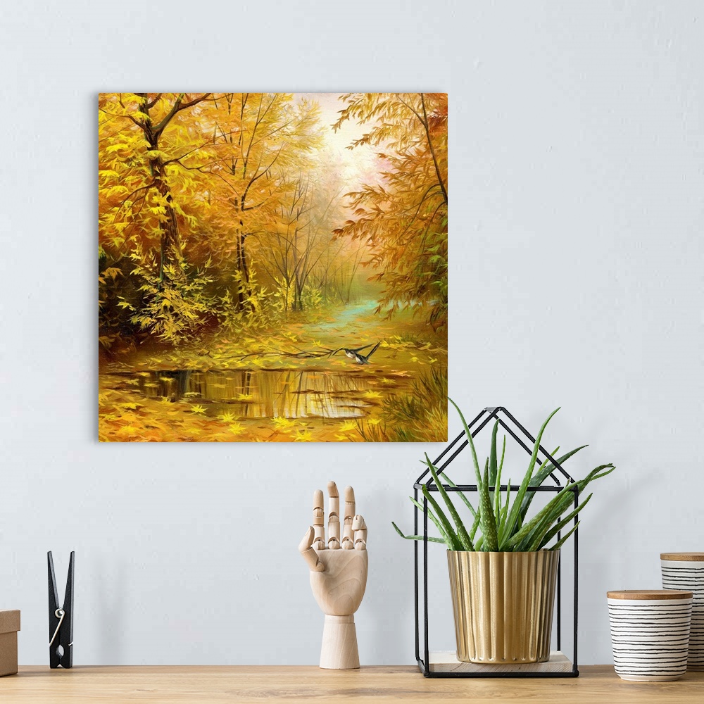 A bohemian room featuring beautiful autumn landscape, canvas, oil