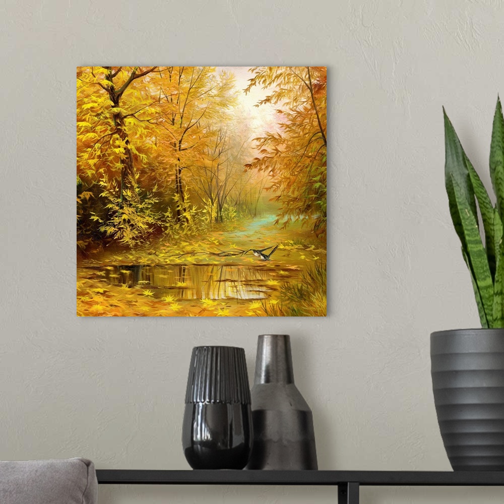 A modern room featuring beautiful autumn landscape, canvas, oil