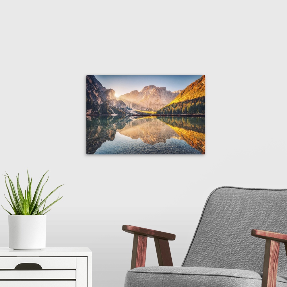 A modern room featuring Beautiful Braies Lake At Sunrise In Autumn In Dolomites, Italy