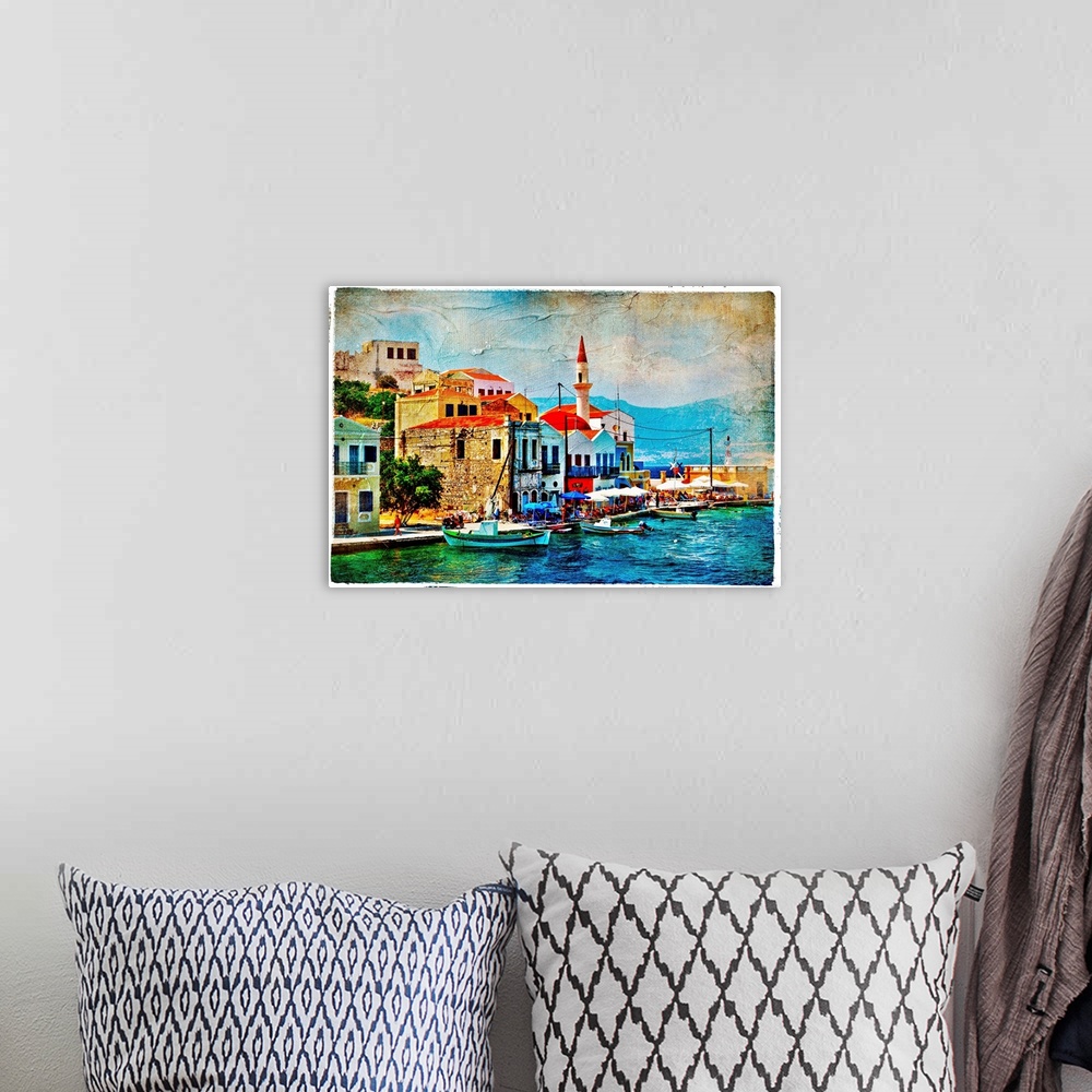 A bohemian room featuring beautiful Kastelorizo bay (Greece, Dodecanes)  - artwork in painting style