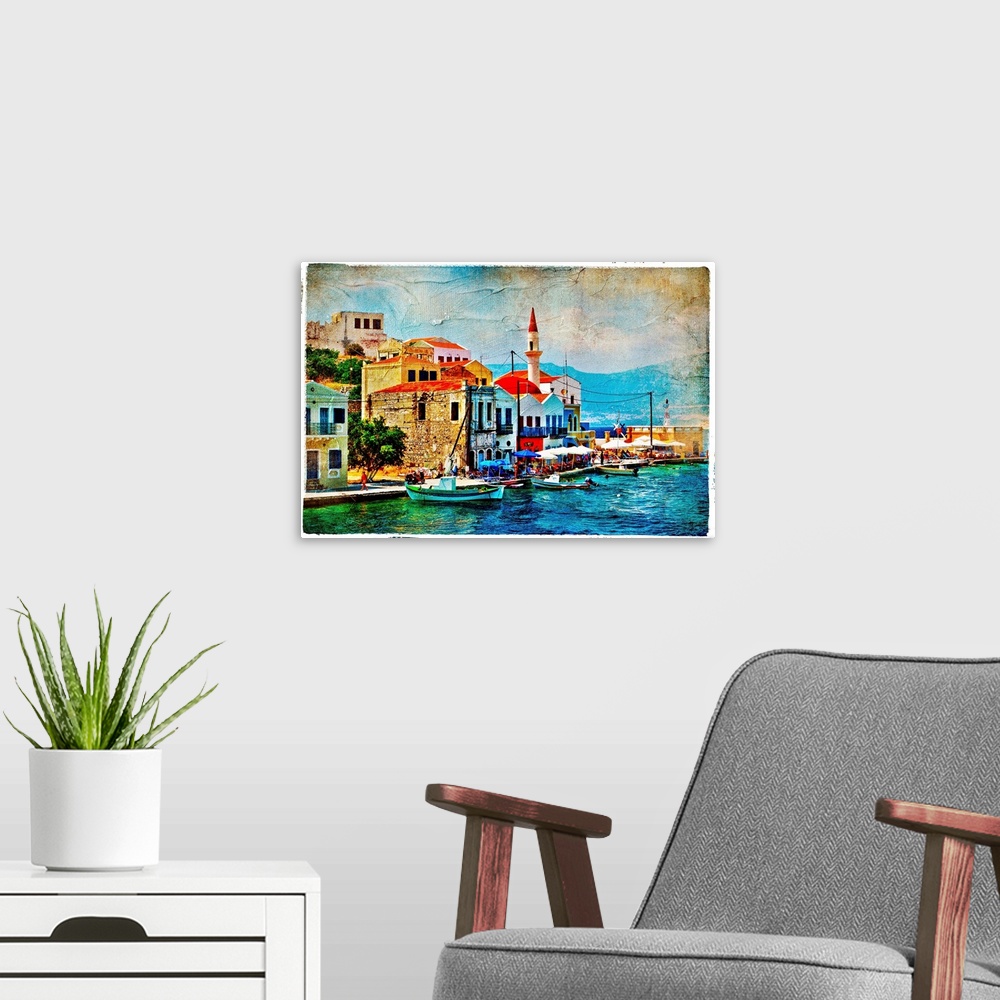 A modern room featuring beautiful Kastelorizo bay (Greece, Dodecanes)  - artwork in painting style